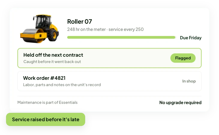Equipment maintenance dashboard showing a due date and a flagged alert