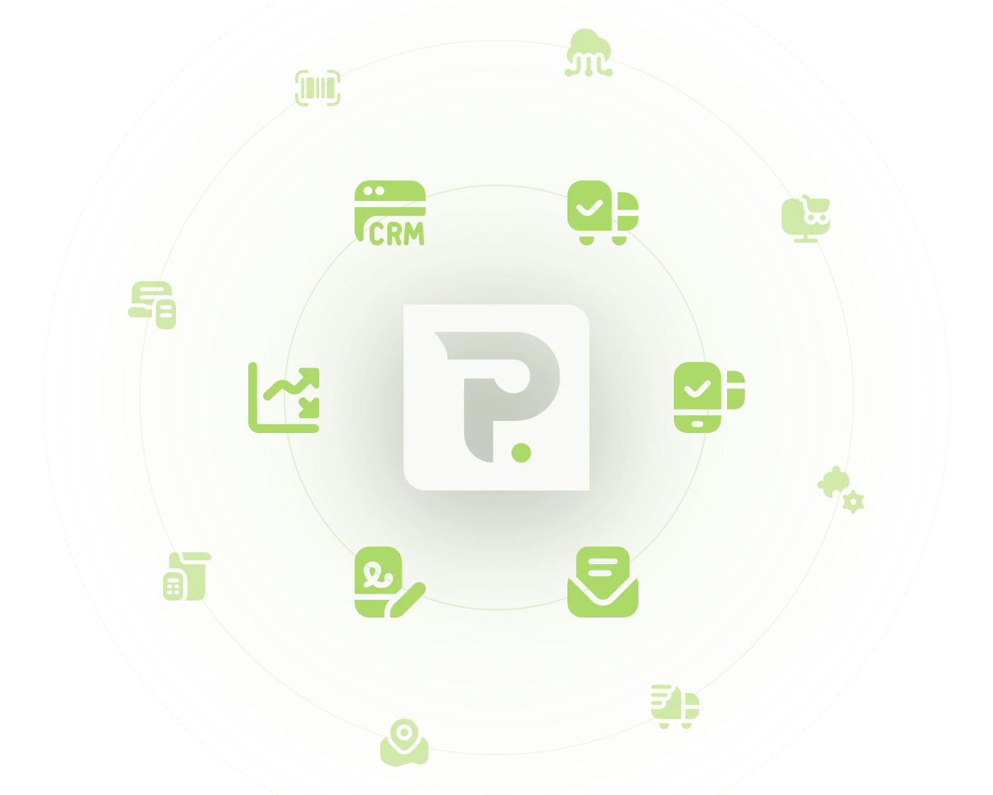 Point of Rental logo at the center of a network of connected partner and integration icons