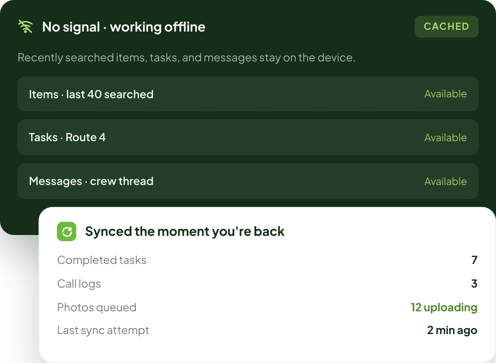 Offline status screen showing cached items, tasks, and messages ready to sync