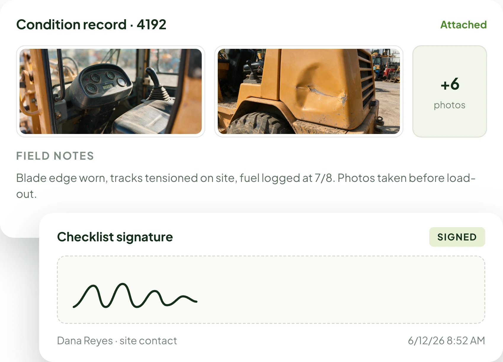 Condition record with damage photos, field notes, and a signed checklist signature