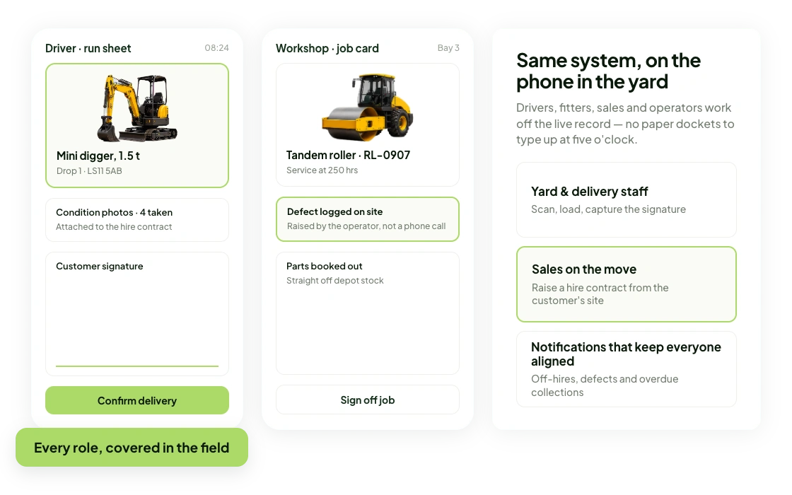 Driver run sheet, workshop job card, and role-based app views side by side