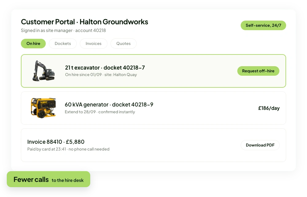 Customer Portal showing on-hire equipment, an off-hire request, and a paid invoice