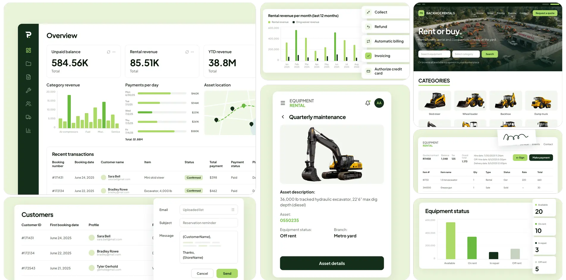 Selection of Point of Rental screens: reporting dashboard, dispatch map, customer portal, and mobile inspection views