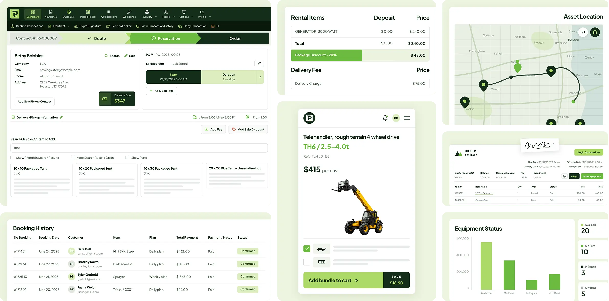 Selection of Essentials screens: rental contract workflow, pricing breakdown, asset location map, mobile item listing, digital signature, and equipment status dashboard