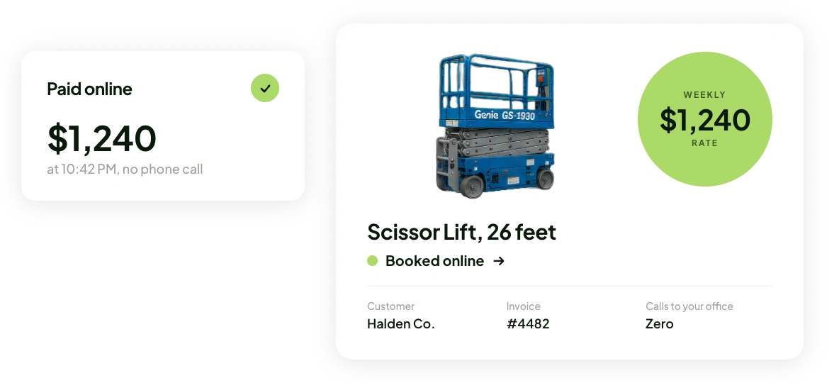 Screenshot of an online-booked scissor lift hire paid in full with no phone call to the office