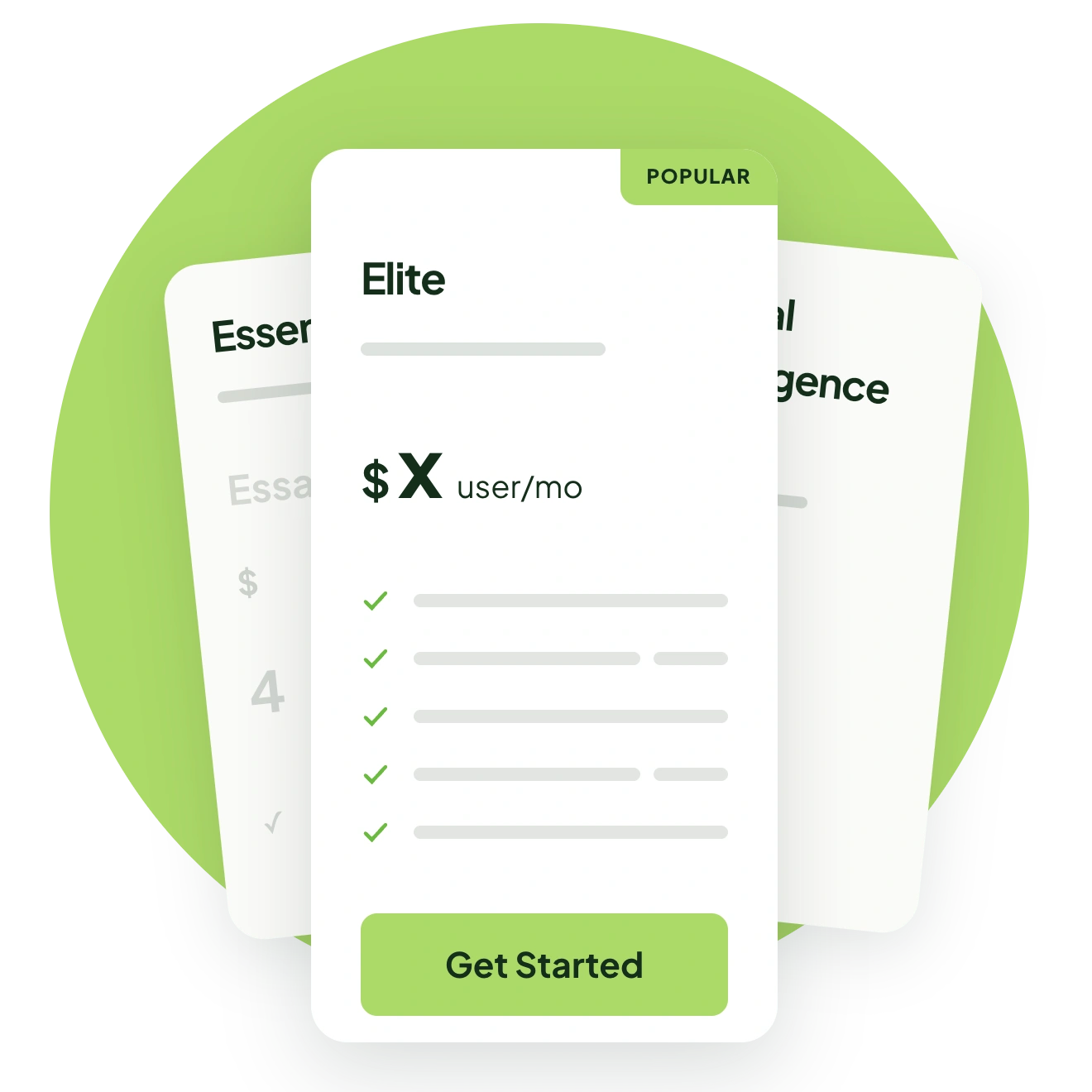 Front and center Elite pricing card with checkmarks and a Get Started button, backed by two overlapping plan cards.