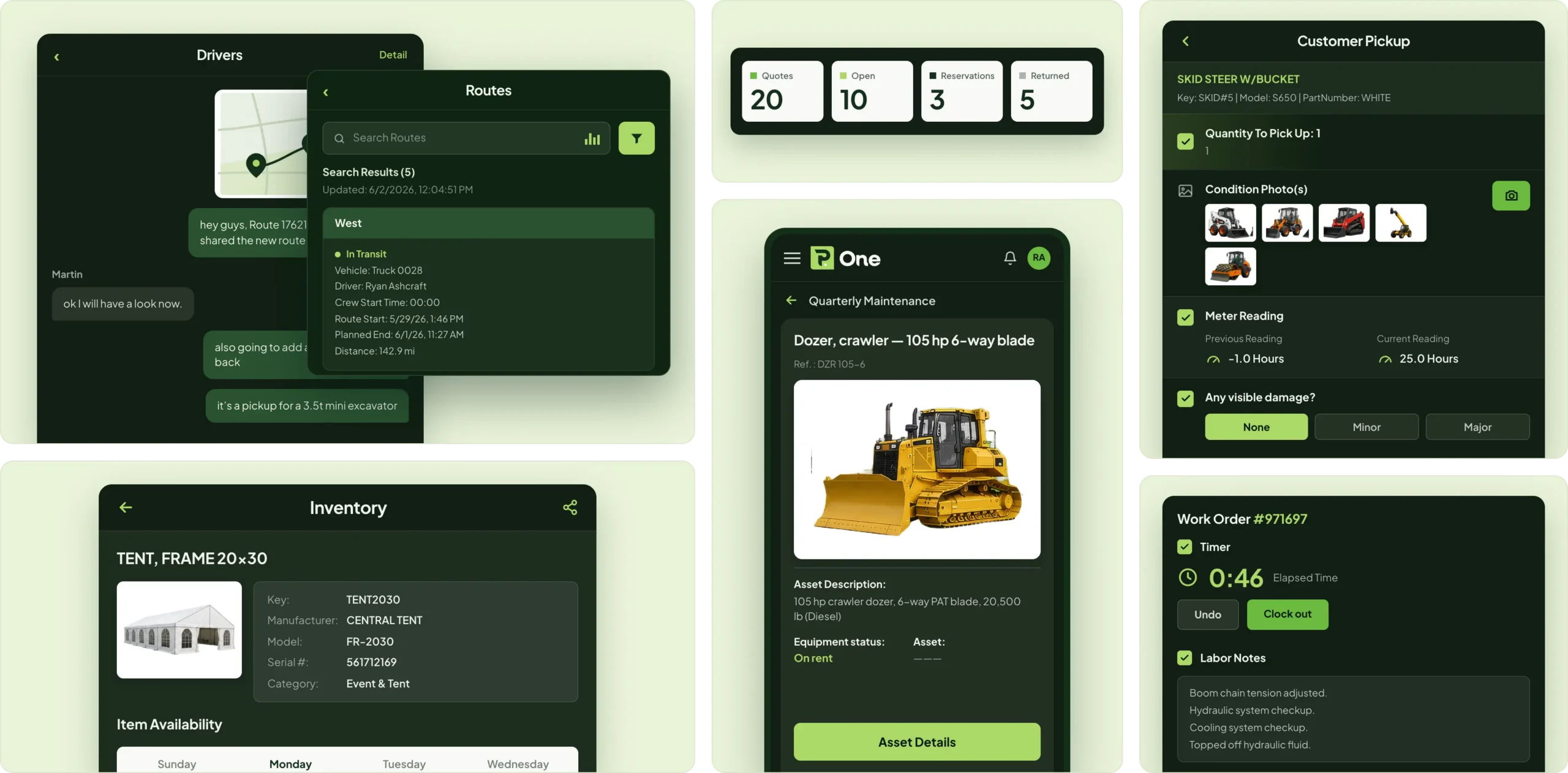 Selection of Point of Rental eCommerce screens: a storefront with a catalog search overlay, an online-activity dashboard showing carts, orders, quotes, and paid counts, an online checkout with delivery window and order total, a crawler dozer product page with a hire date picker, a mobile shop cart, and a web order payment screen
