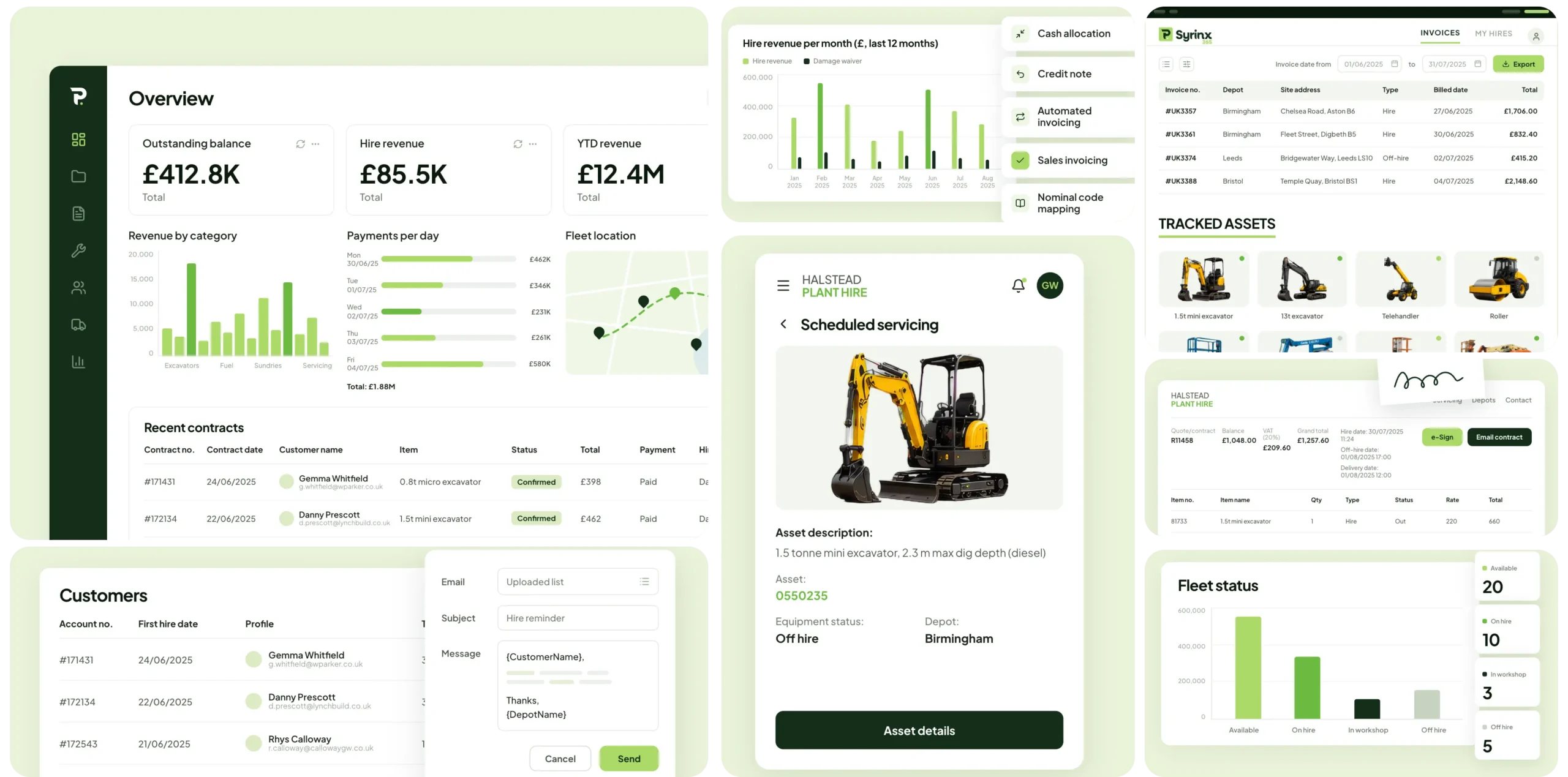 Selection of Syrinx 365 screens: revenue overview dashboard, invoicing, scheduled servicing, contract e-signing, customer records, and fleet status