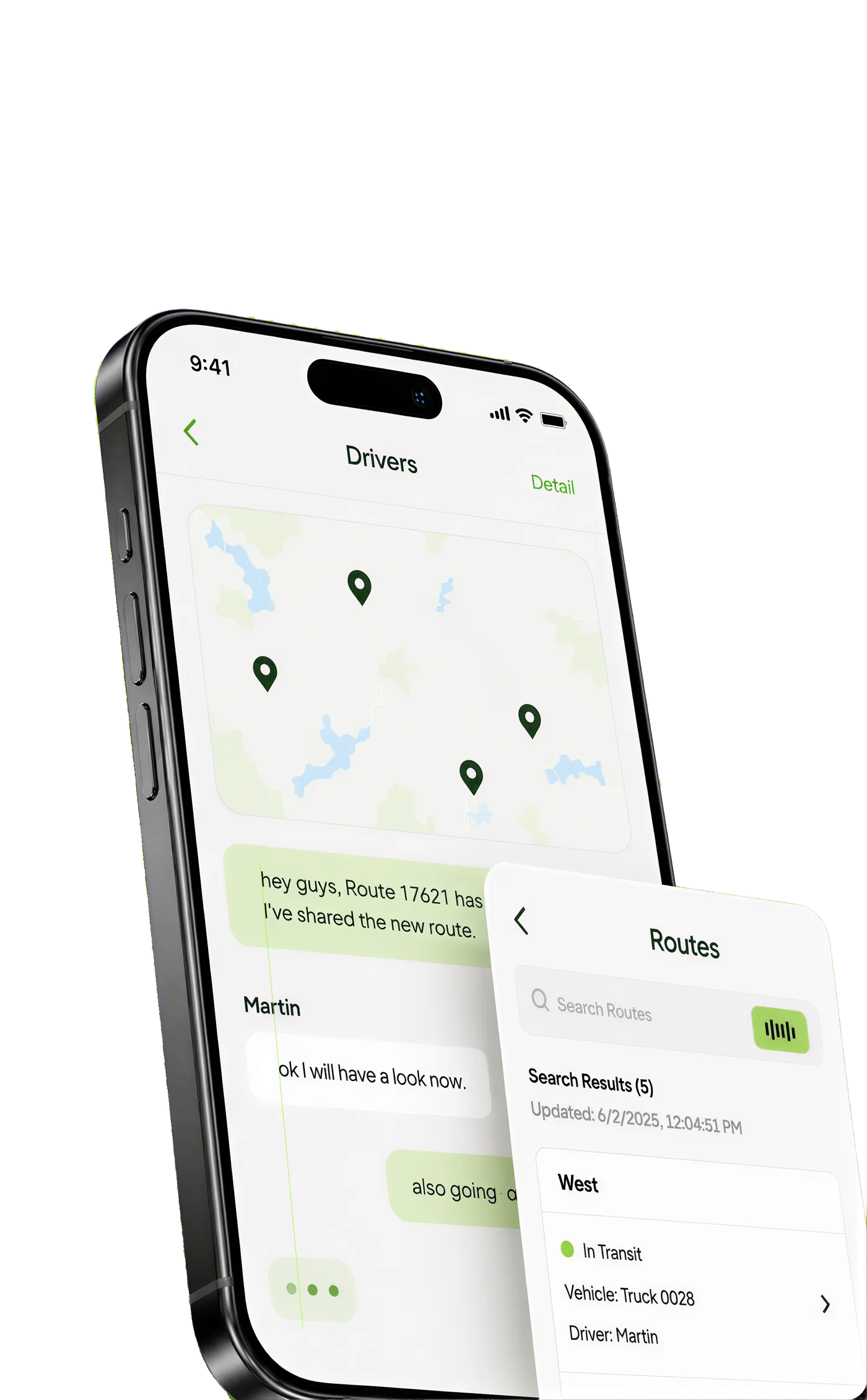 Point of Rental mobile app showing a driver map and route messaging